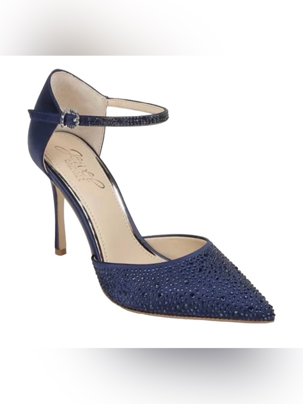 Badgley Mischka Satin Jeweled Crystals Navy Blue Ankle-Strap Pointed Toe Heels